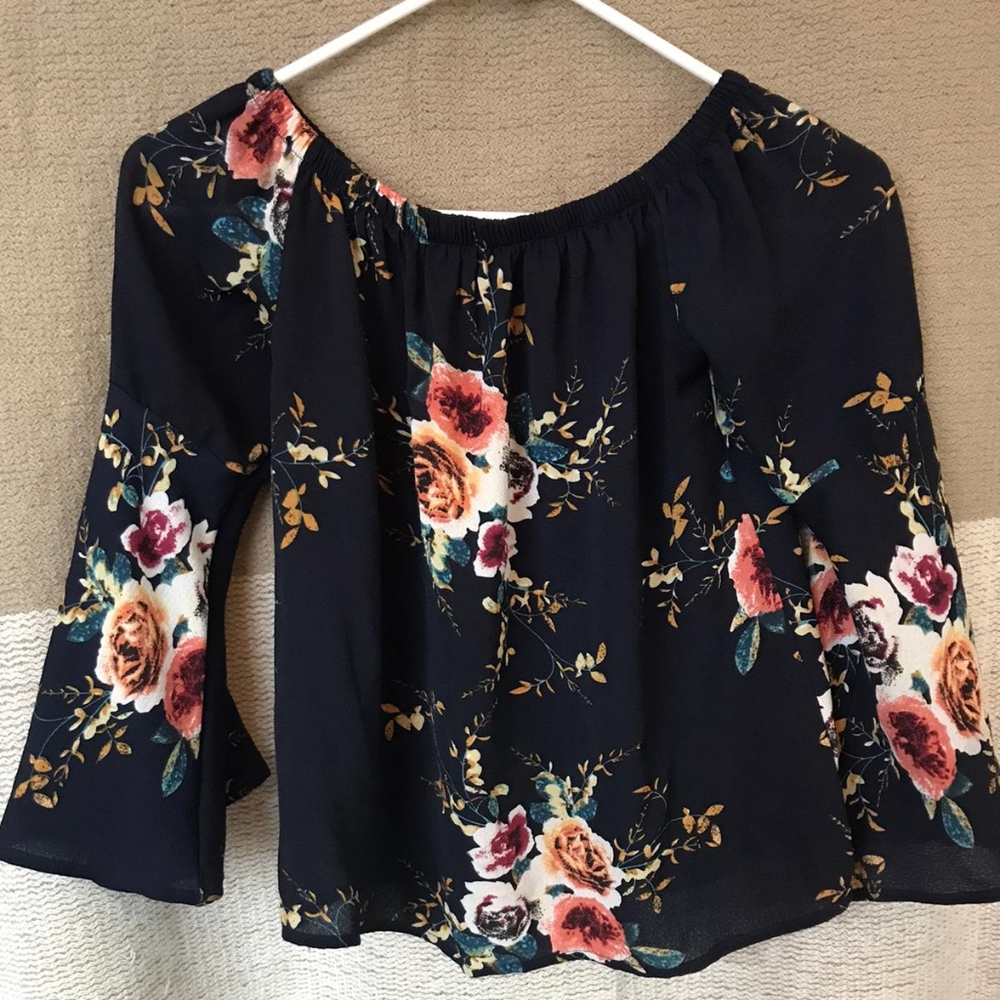 Blue Flower Off the Shoulder Top